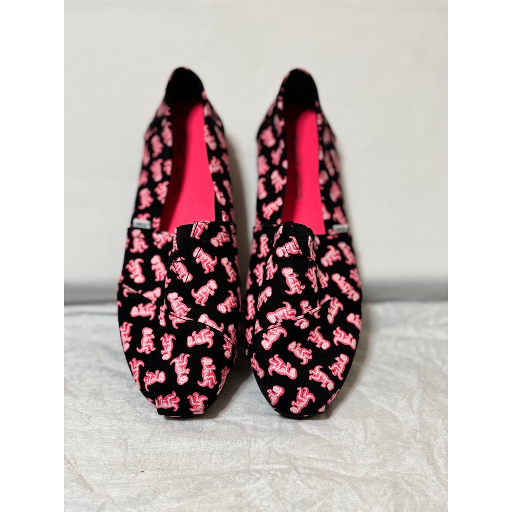 TOMS Women 7.5 Alpargata Black Pink Dinosaur Skeleton Canvas Slip On Flats
